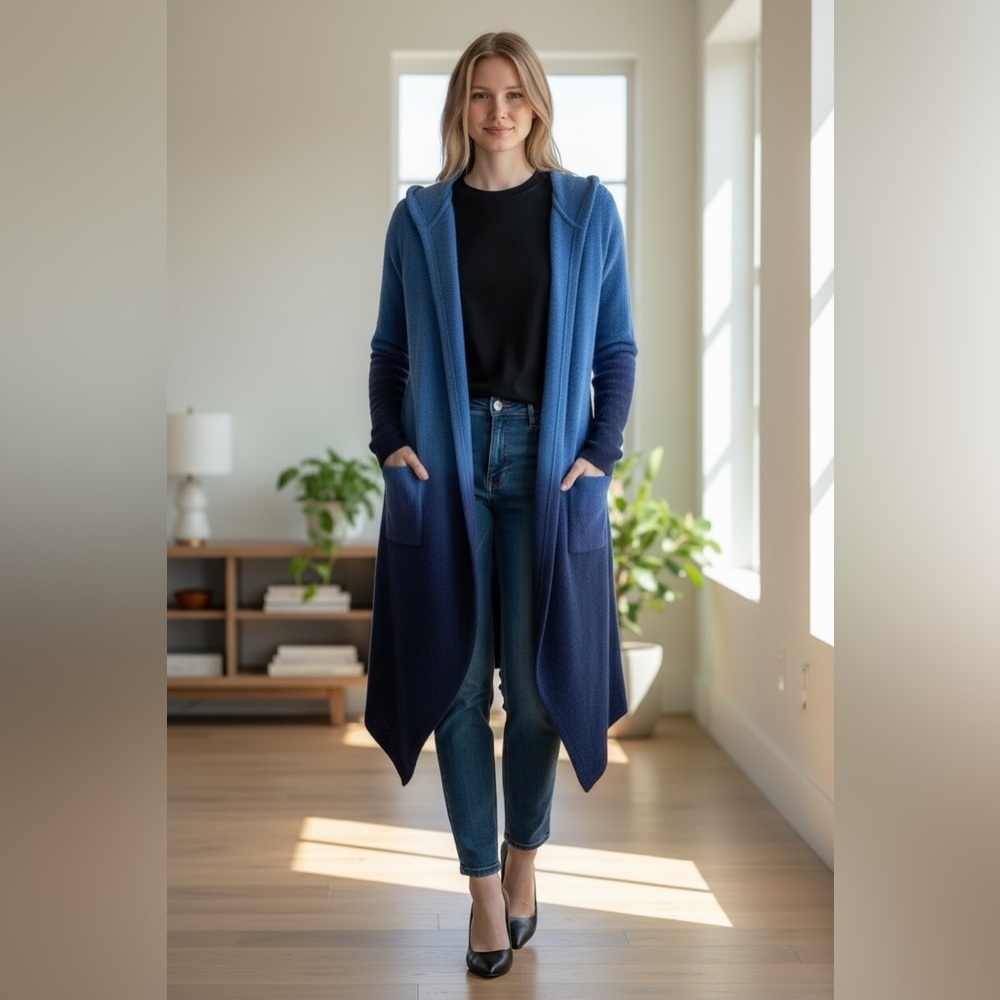 Venus Ombre Hooded Longline Open Front Cardigan Duster Pocket Sweater Blue XS - Picture 5 of 7